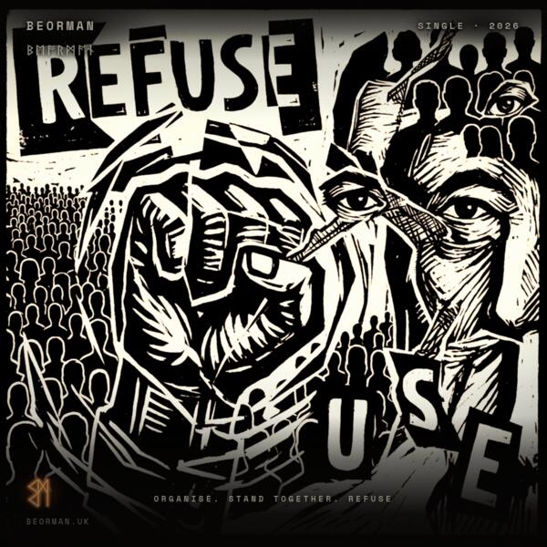 Refuse artwork: a raised fist and a watching face in high-contrast linocut, crowds behind, over the strapline organise, stand together, refuse